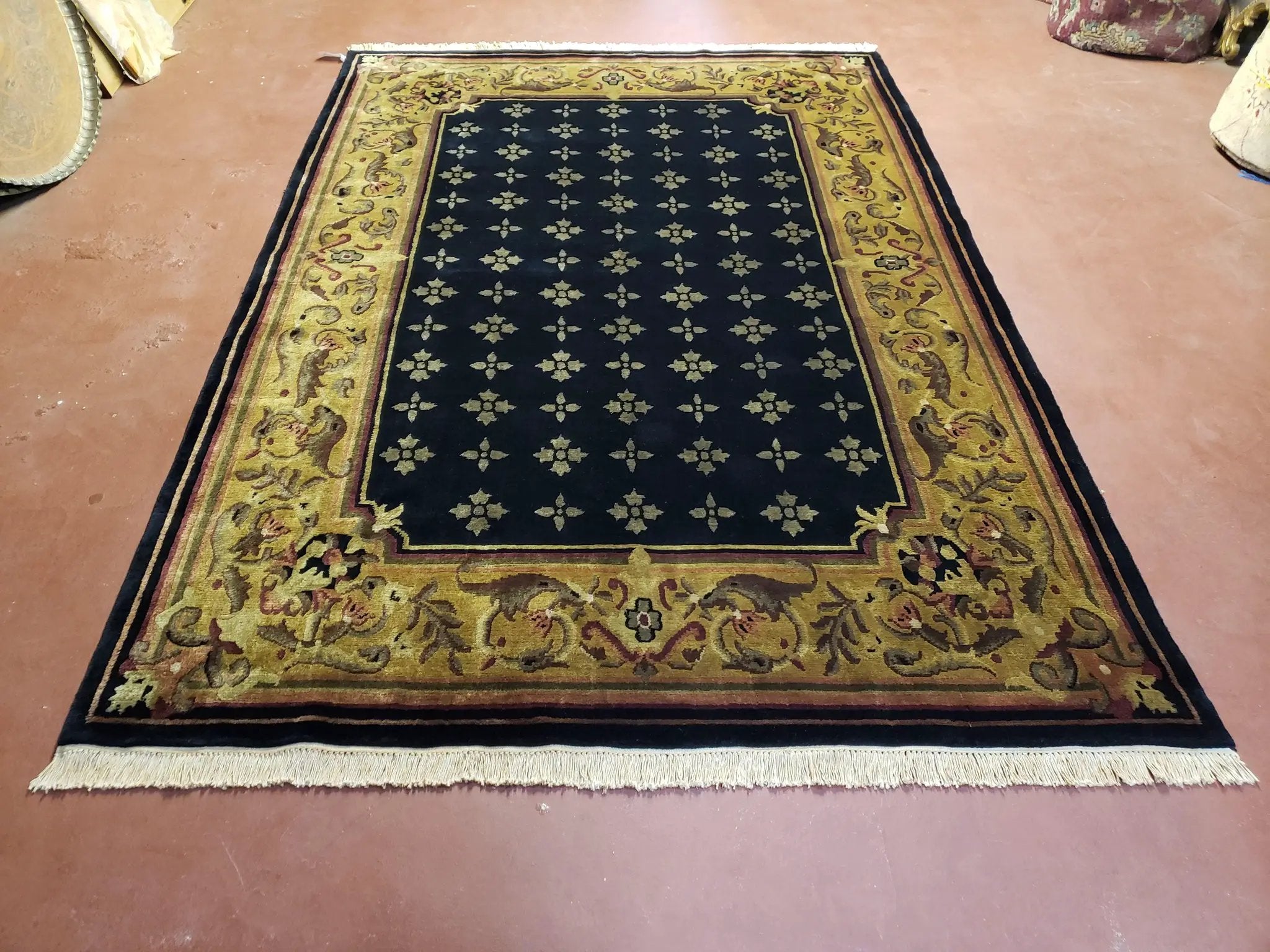 6x9 Aubusson Design Nepali Tibetan Rug Black & Tan Hand-Knotted Wool Carpet Soft Plush Pile New Rug Nice by Jewel Rugs