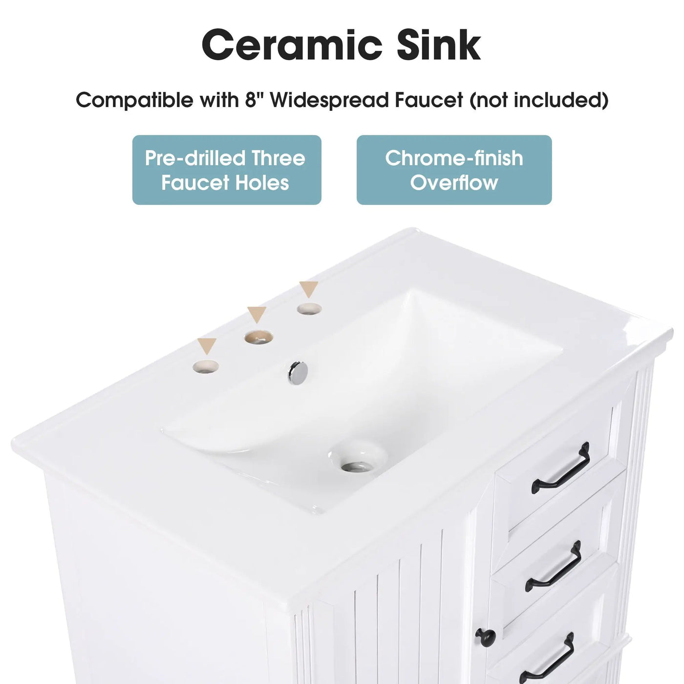 30" Bathroom Vanity With Sink, 3 Drawers, Adjustable Feet by HouseOfZazla