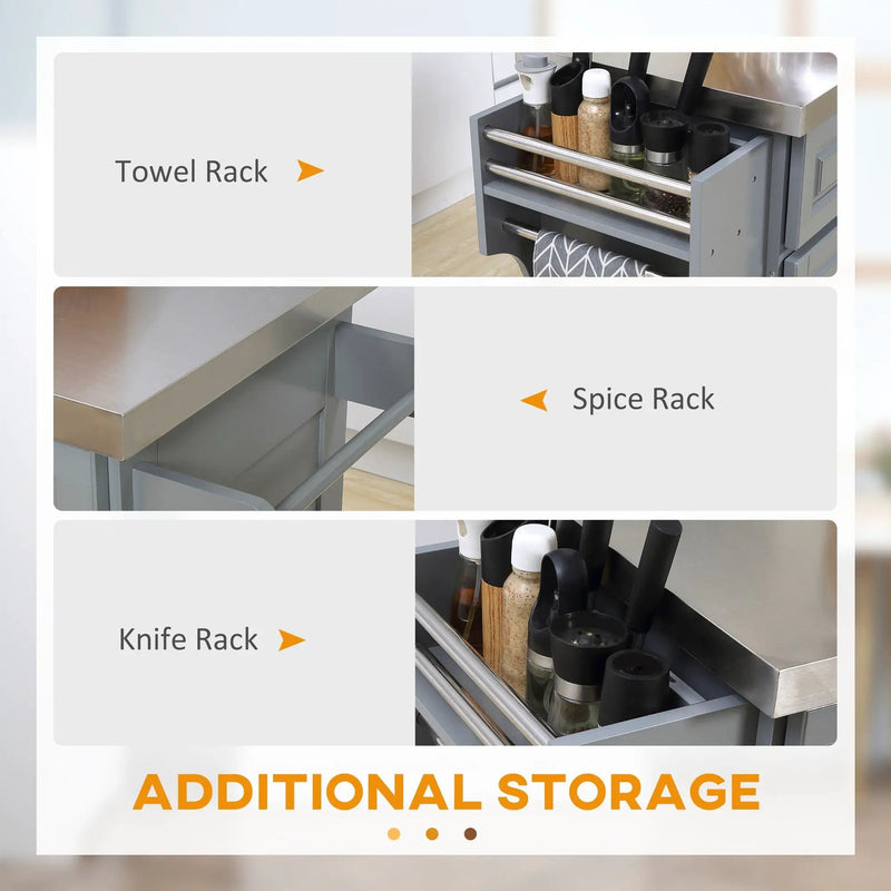 Homcom - Rolling Kitchen Island With Storage, Portable Kitchen Cart With Stainless Steel Top, 2 Drawers, Spice, Knife And Towel Rack And Cabinets by Unique Piece Furniture