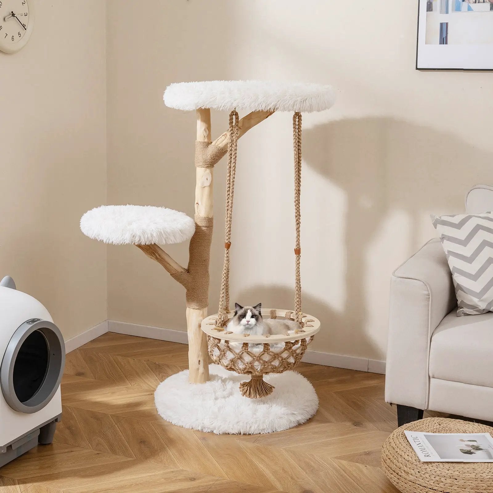 48.5 Inch Solid Wood Cat Tree with Hanging Cradle and Jute Scratching Post-White by DirectDeals