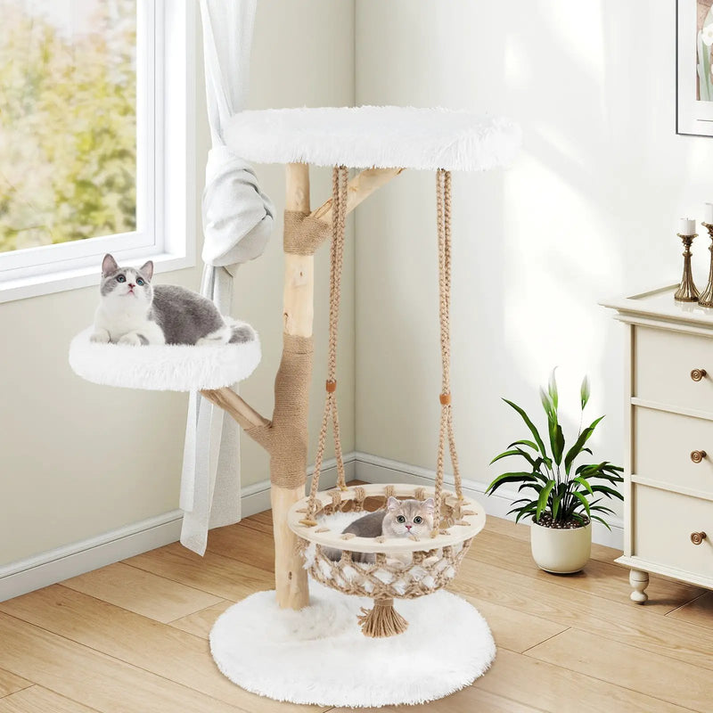 48.5 Inch Solid Wood Cat Tree with Hanging Cradle and Jute Scratching Post-White by DirectDeals