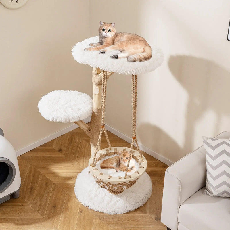 48.5 Inch Solid Wood Cat Tree with Hanging Cradle and Jute Scratching Post-White by DirectDeals