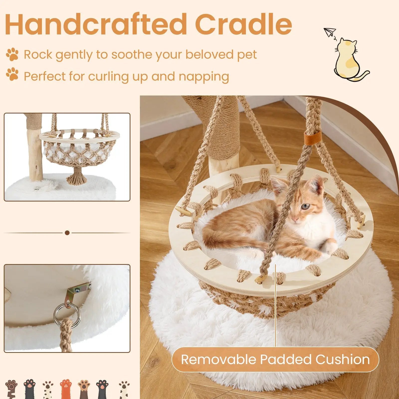 48.5 Inch Solid Wood Cat Tree with Hanging Cradle and Jute Scratching Post-White by DirectDeals