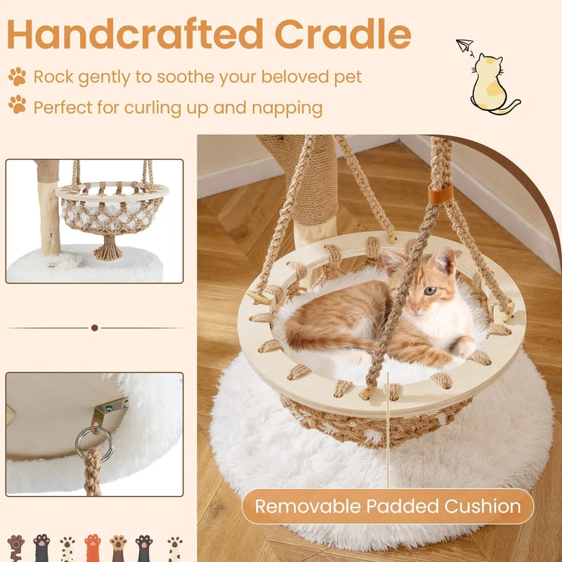 48.5 Inch Solid Wood Cat Tree with Hanging Cradle and Jute Scratching Post-White by DirectDeals