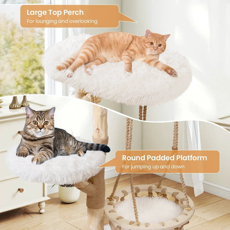 48.5 Inch Solid Wood Cat Tree with Hanging Cradle and Jute Scratching Post-White by DirectDeals