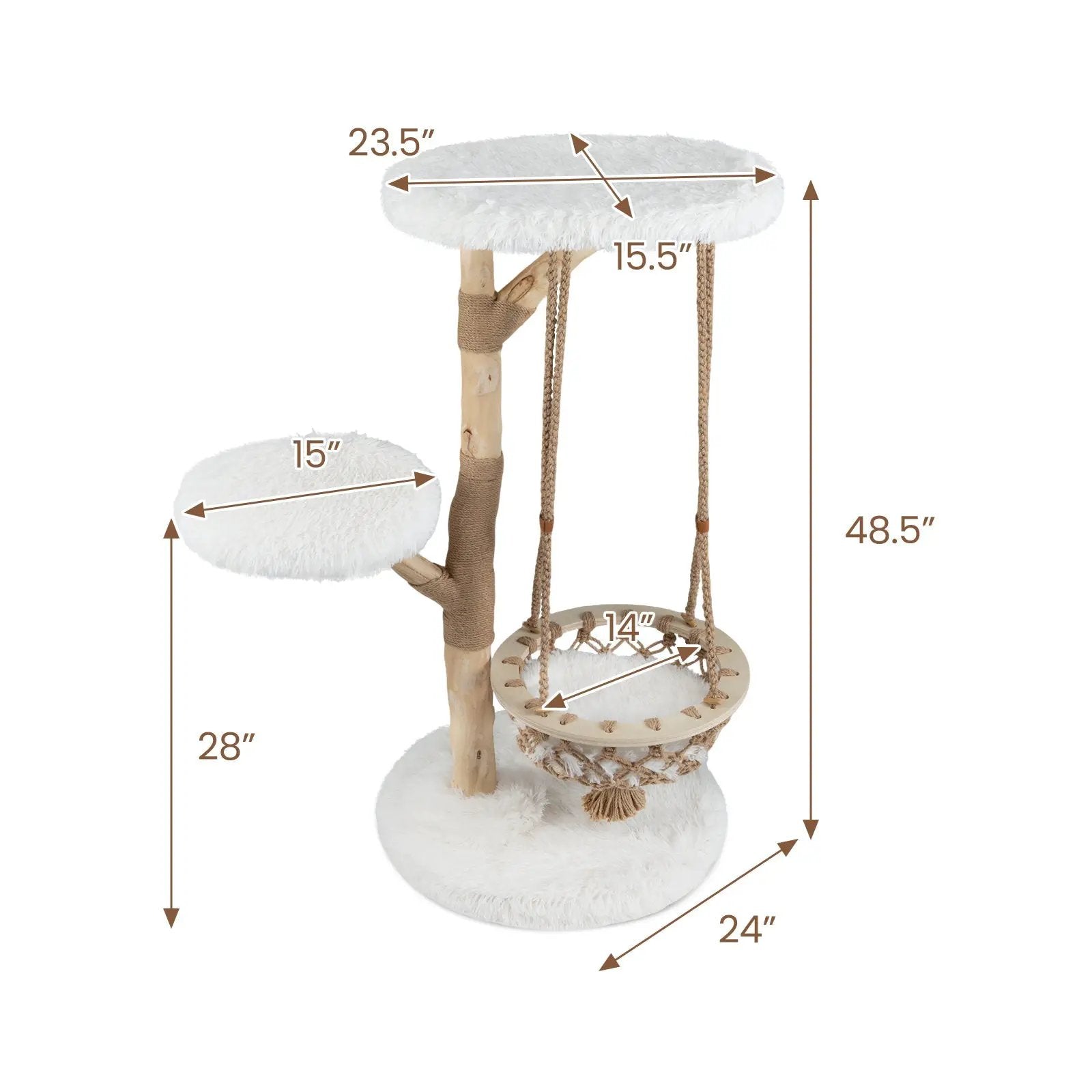 48.5 Inch Solid Wood Cat Tree with Hanging Cradle and Jute Scratching Post-White by DirectDeals