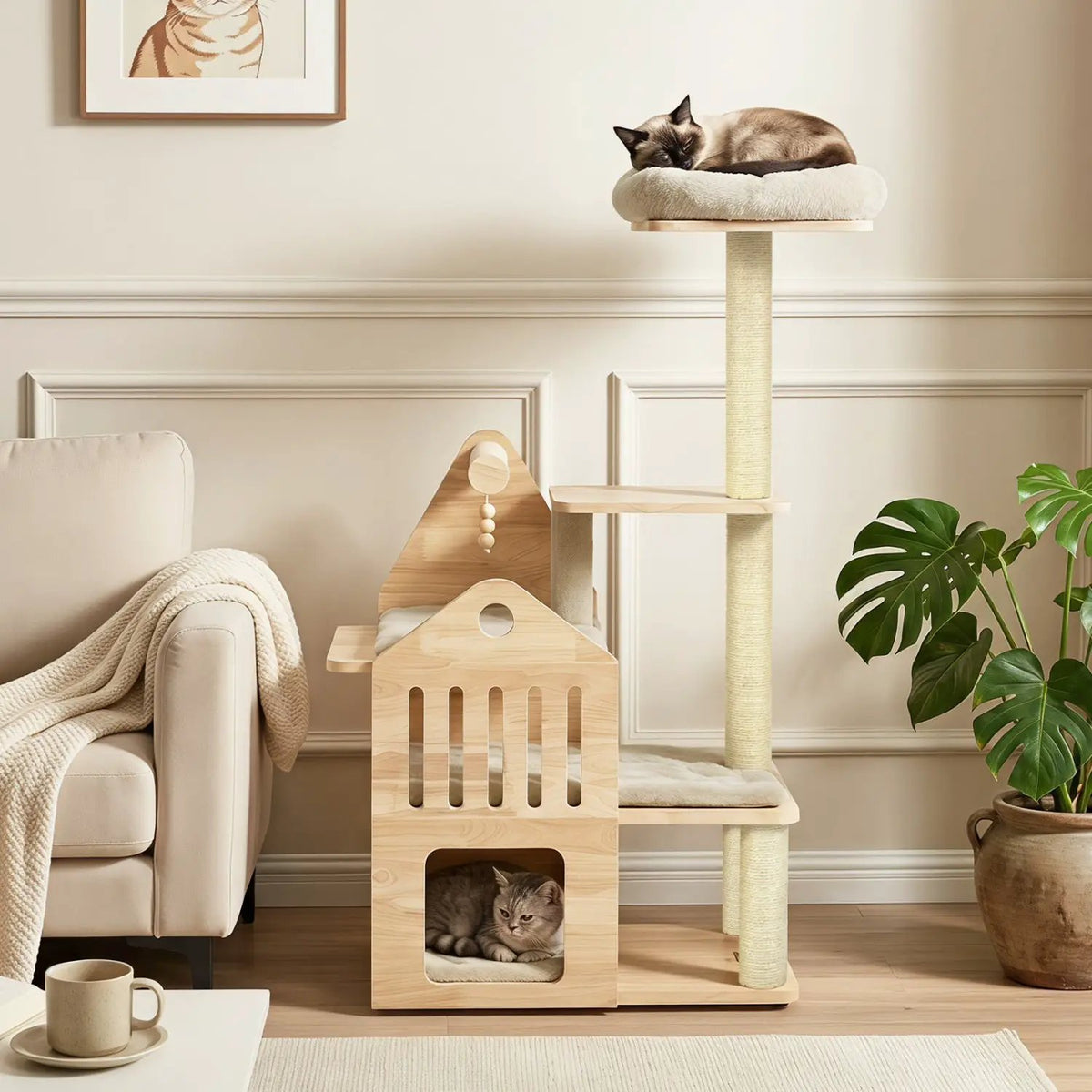 Multi-Level Solid Wood Cat Tree 48.5" with Condo & Scratchers by DirectDeals