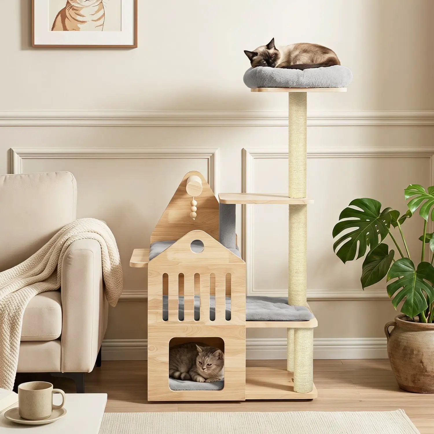 Multi-Level Solid Wood Cat Tree 48.5" with Condo & Scratchers by DirectDeals