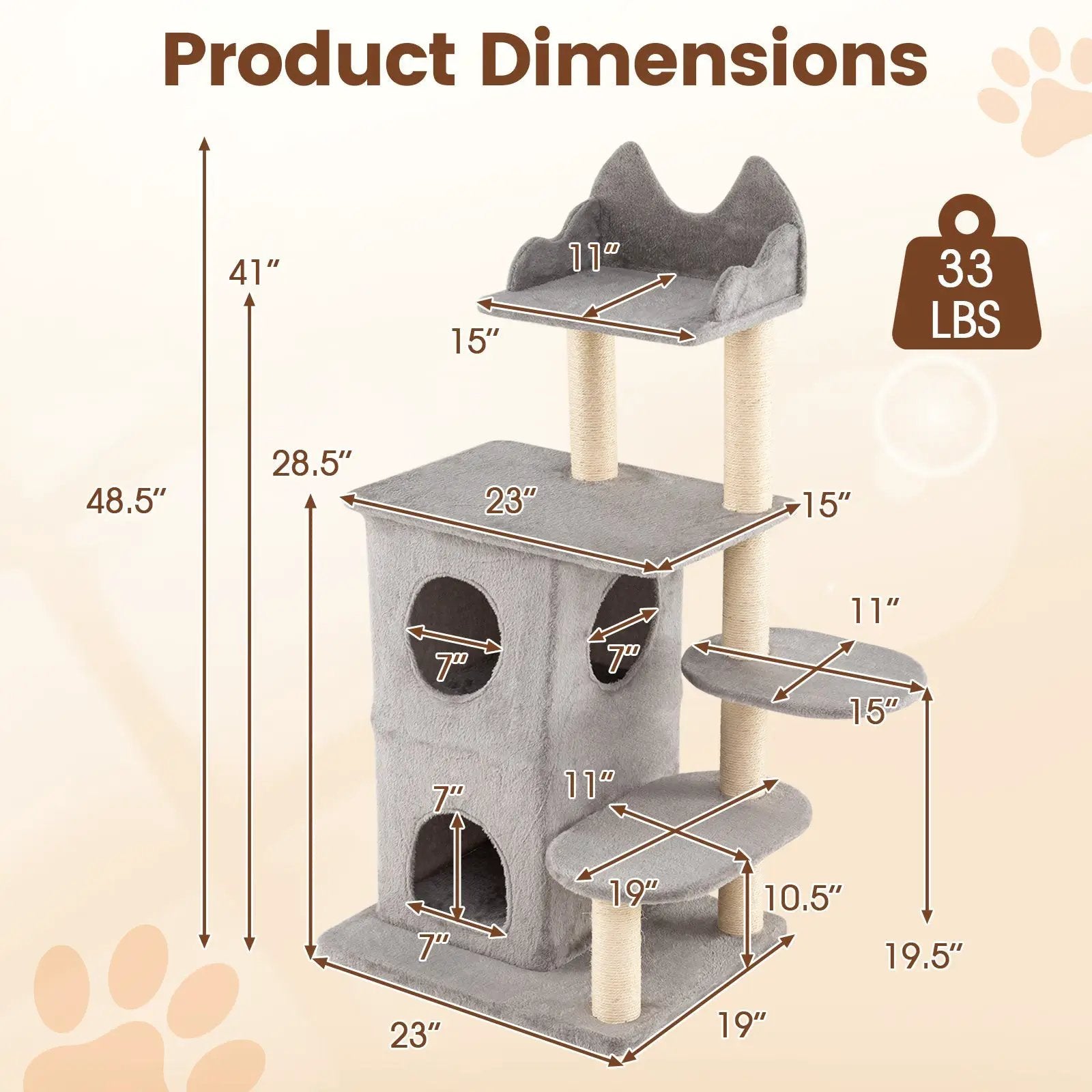 48.5 inch Cat Tree with 2-story Condo and 3 Hideaway Caves for Large Cats-Gray by DirectDeals