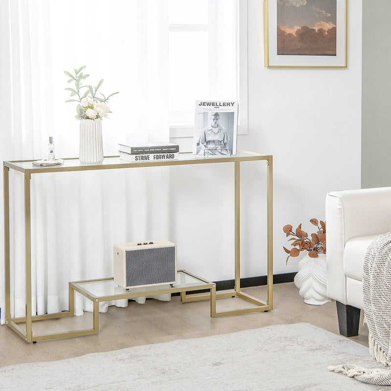 48 Inch 2-Tier Console Table with Tempered Glass Tabletop for Hallway-Golden by DirectDeals