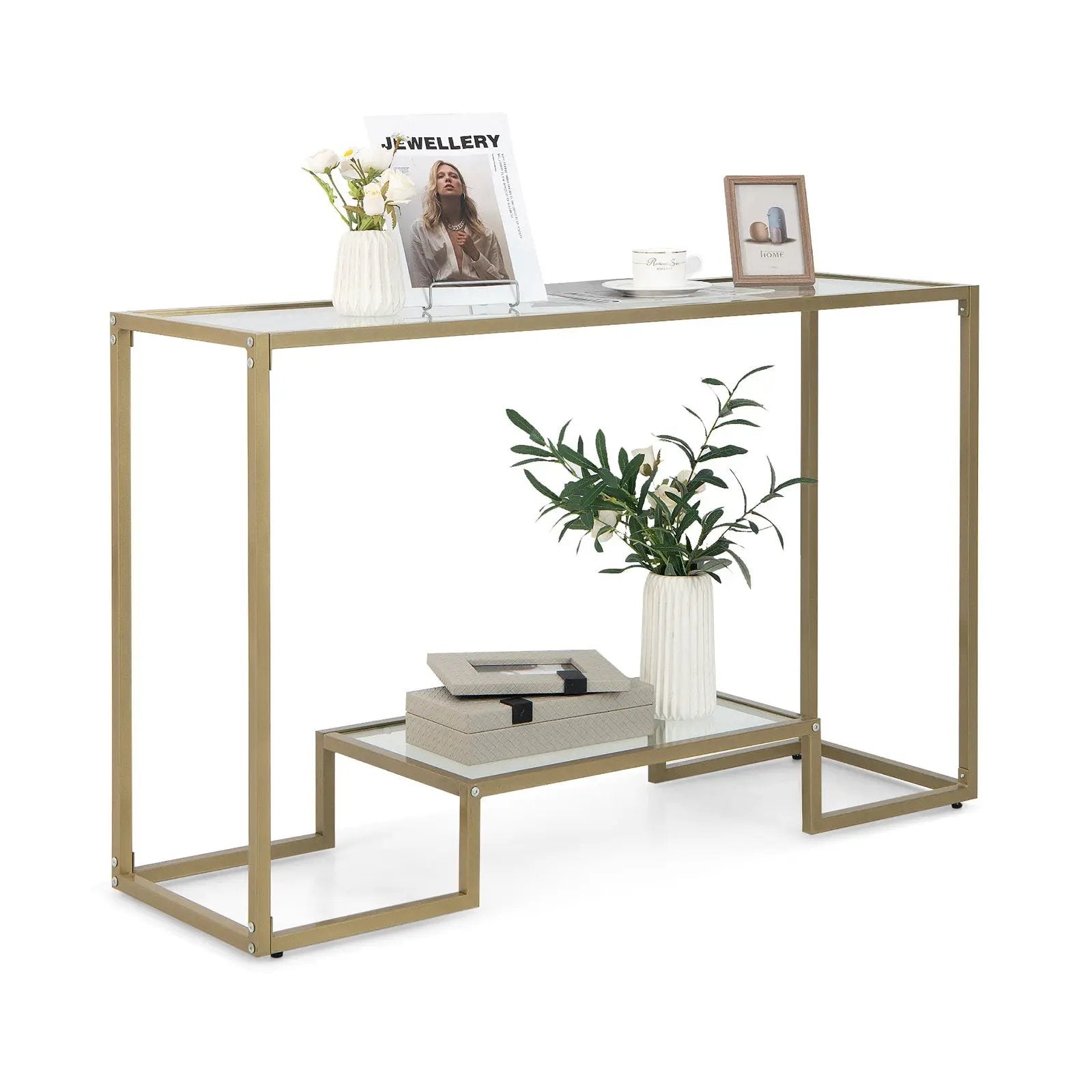 48 Inch 2-Tier Console Table with Tempered Glass Tabletop for Hallway-Golden by DirectDeals