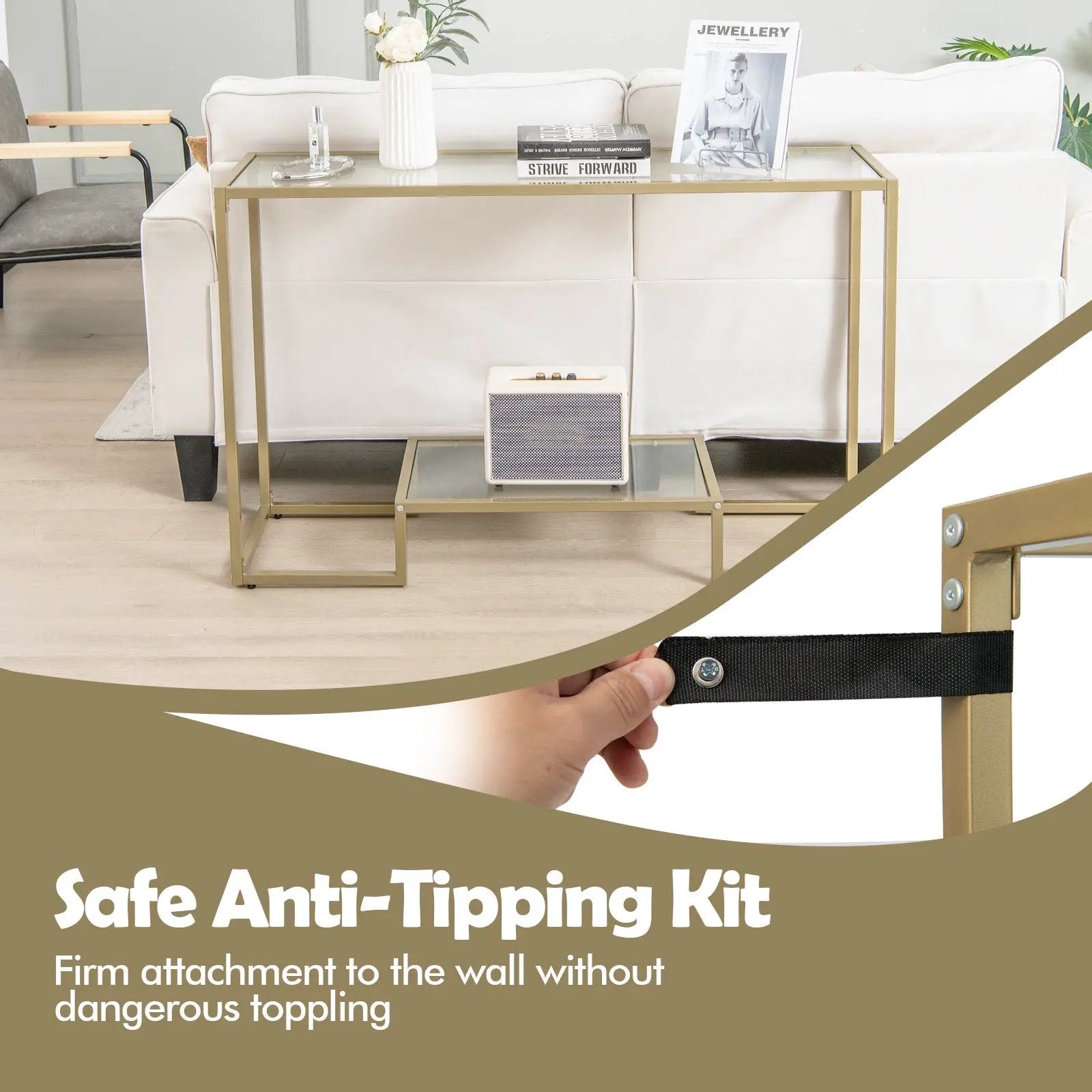 48 Inch 2-Tier Console Table with Tempered Glass Tabletop for Hallway-Golden by DirectDeals