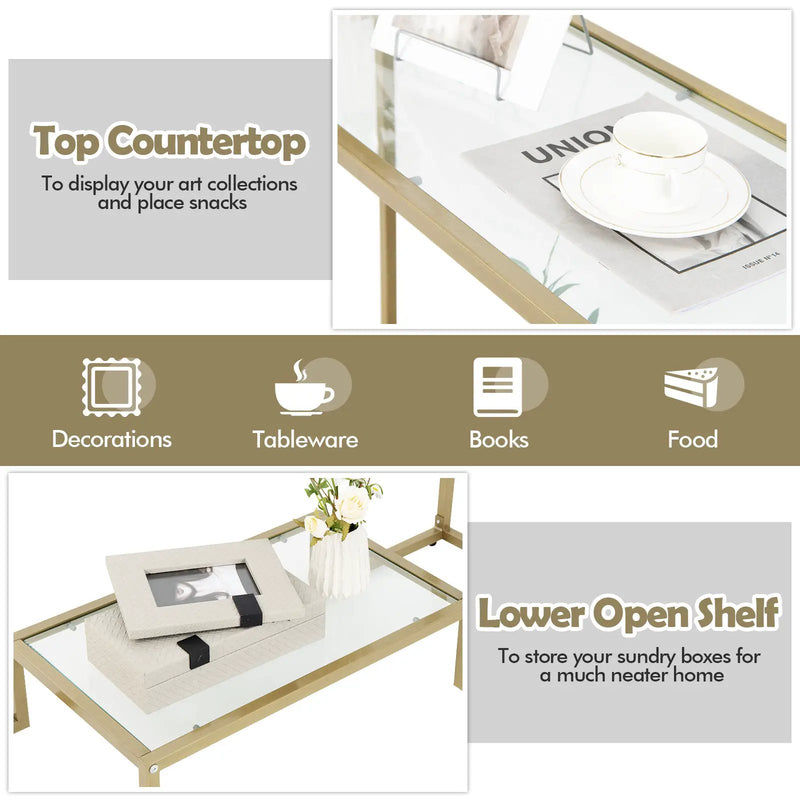 48 Inch 2-Tier Console Table with Tempered Glass Tabletop for Hallway-Golden by DirectDeals