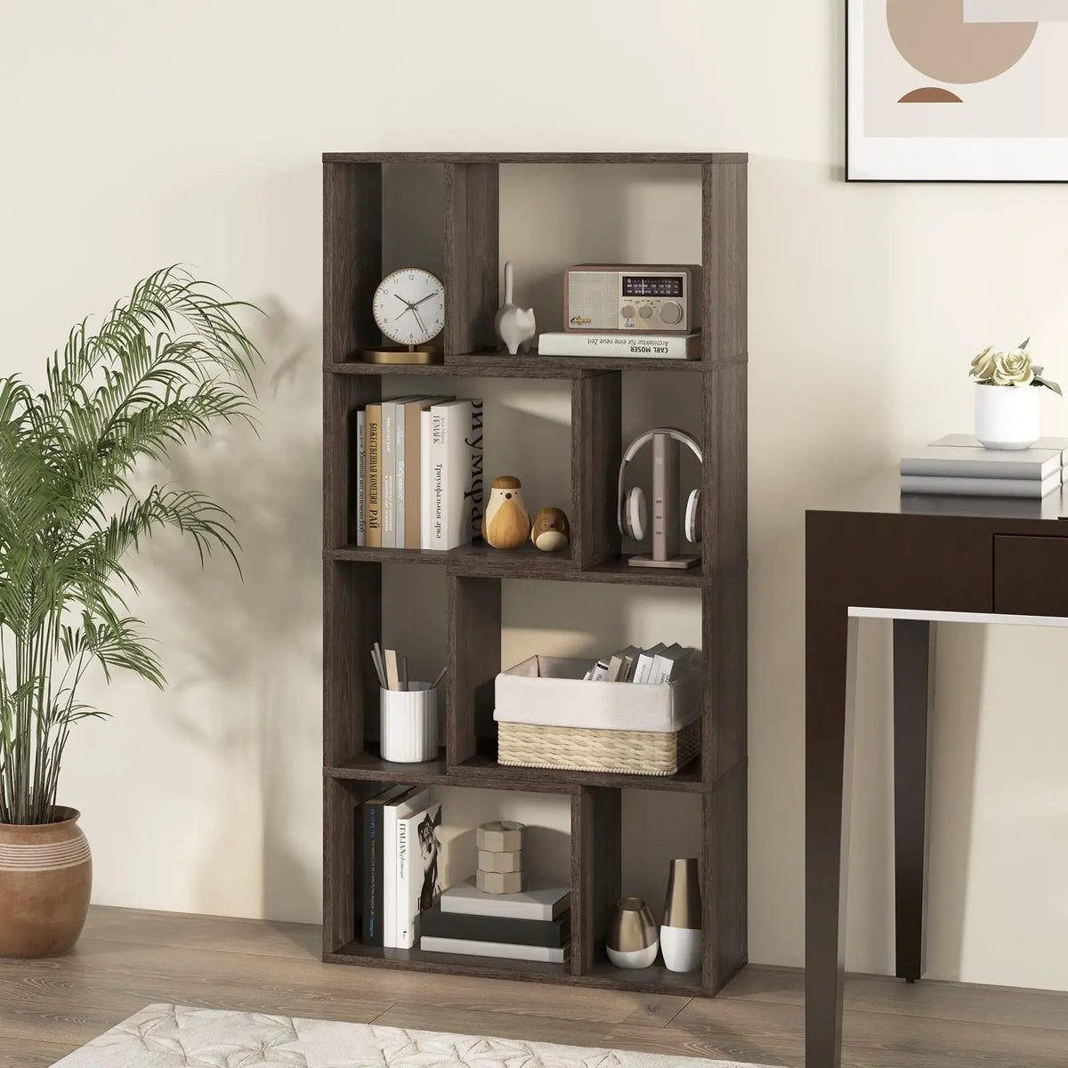 48 Inch 4-Tier Geometric Bookshelf with 8 Cubes for Living Room Bedroom by DirectDeals