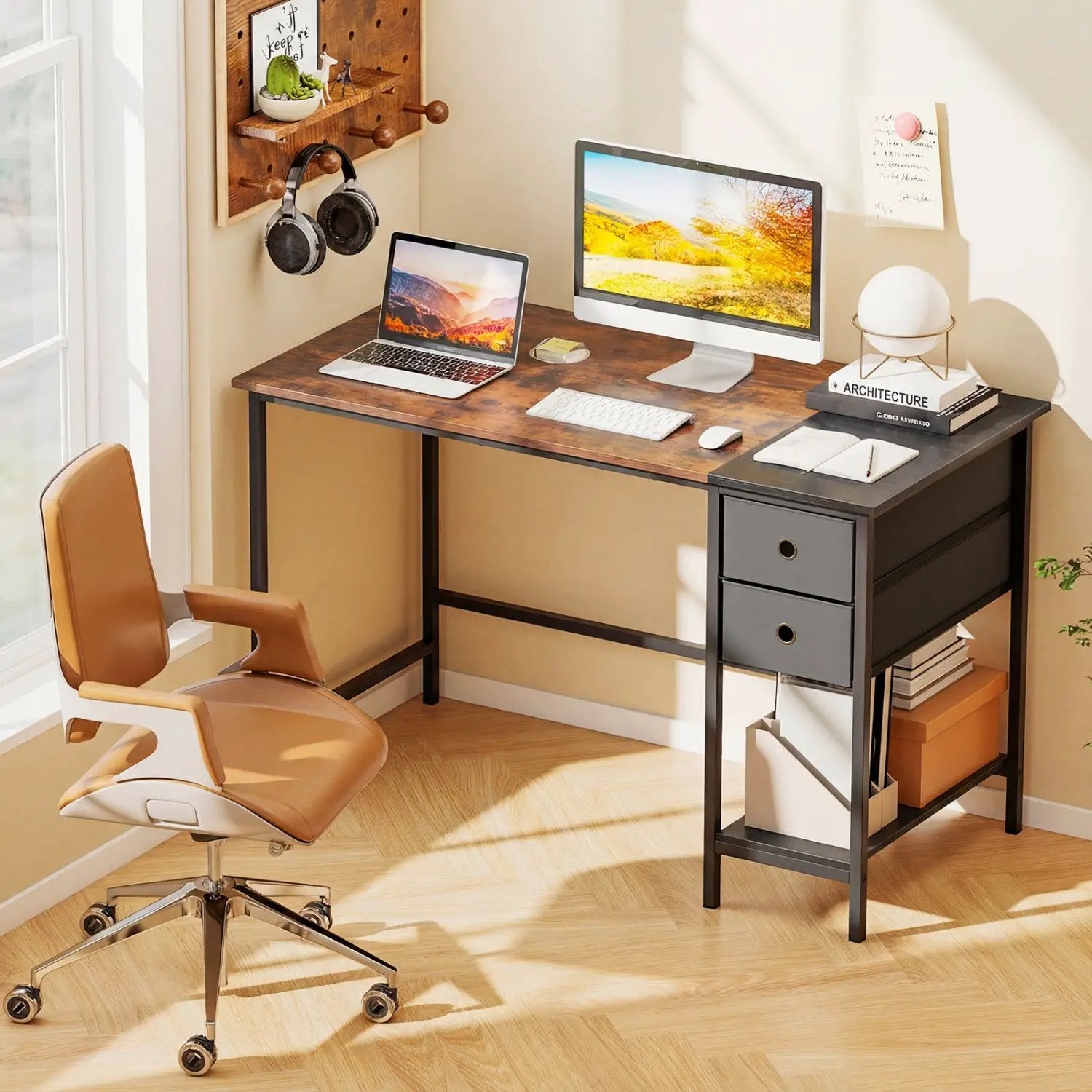 48 Inch Computer Desk with 2 Fabric Drawers Industrial Home Office Desk-Rustic Brown by DirectDeals