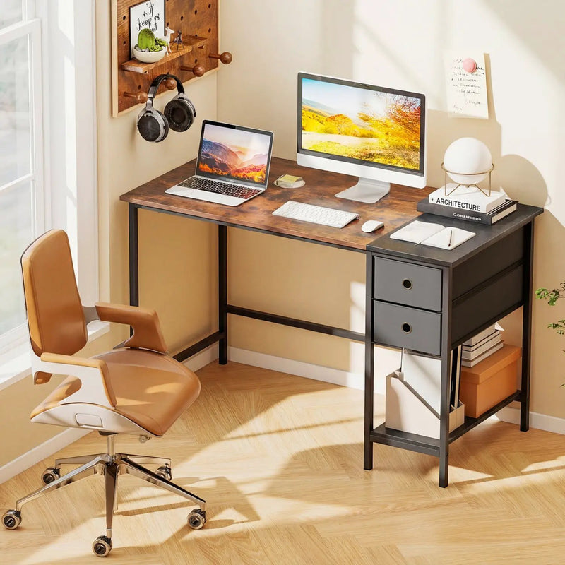 48 Inch Computer Desk with 2 Fabric Drawers Industrial Home Office Desk-Rustic Brown by DirectDeals