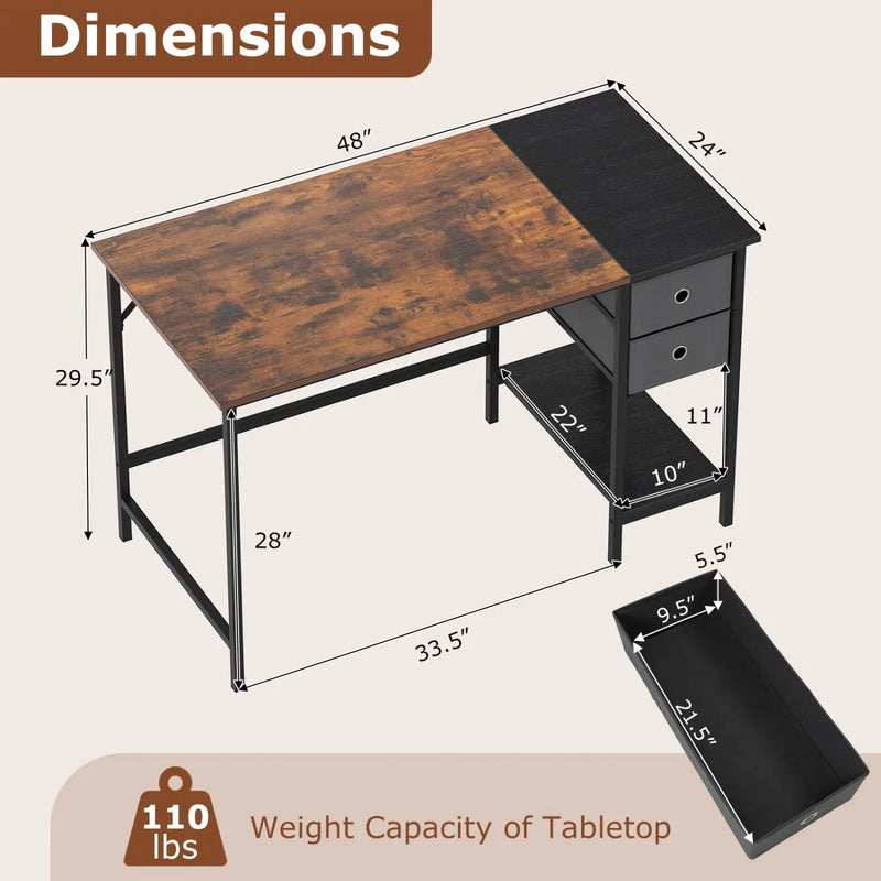 48 Inch Computer Desk with 2 Fabric Drawers Industrial Home Office Desk-Rustic Brown by DirectDeals