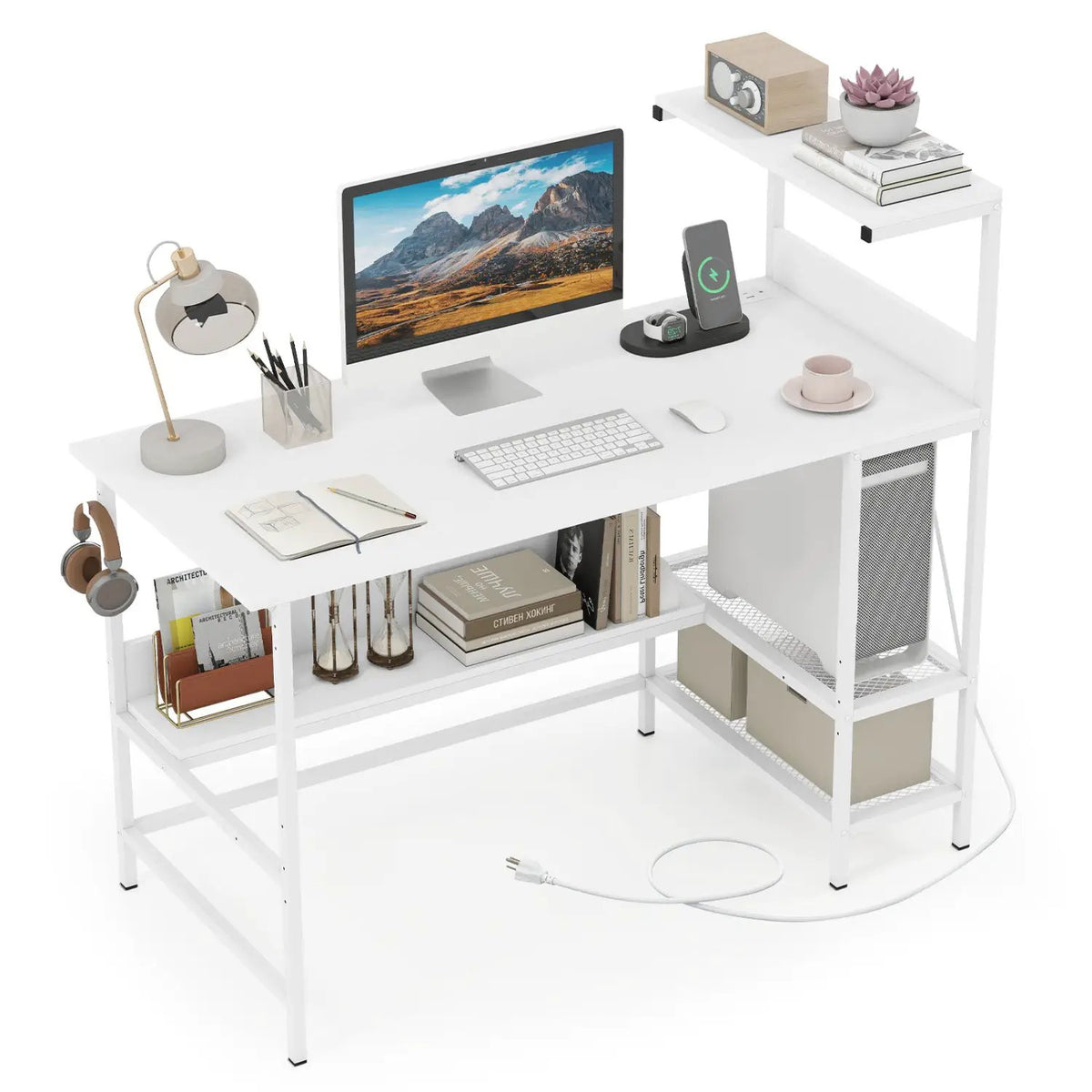 48 Inch Computer Desk with Power Outlets and Storage Shelves by DirectDeals