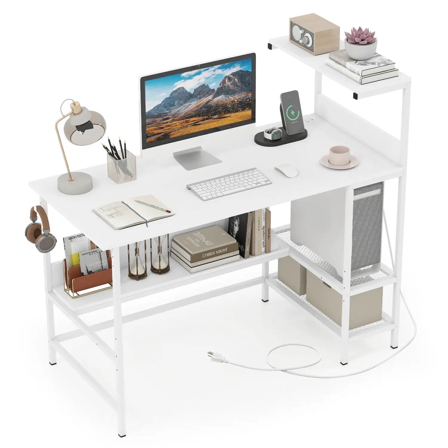 48 Inch Computer Desk with Power Outlets and Storage Shelves by DirectDeals