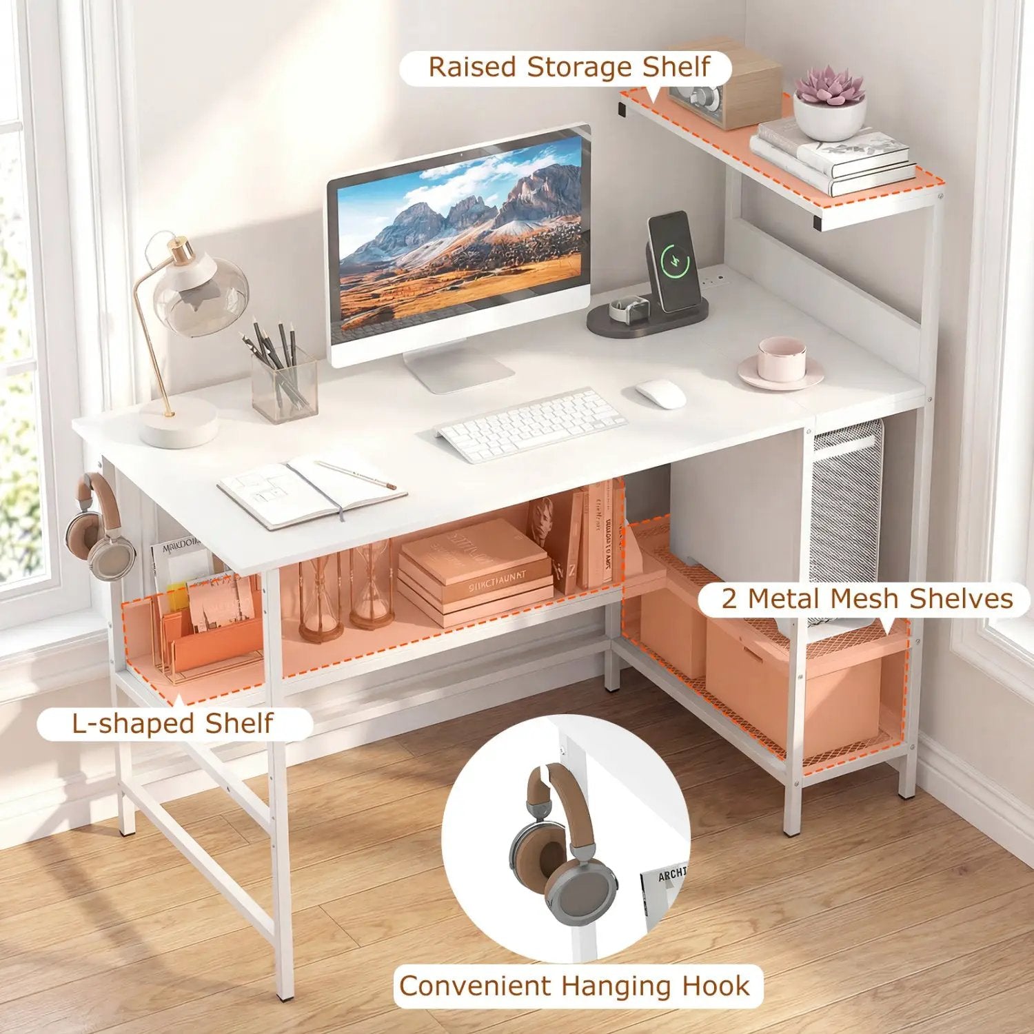48 Inch Computer Desk with Power Outlets and Storage Shelves by DirectDeals