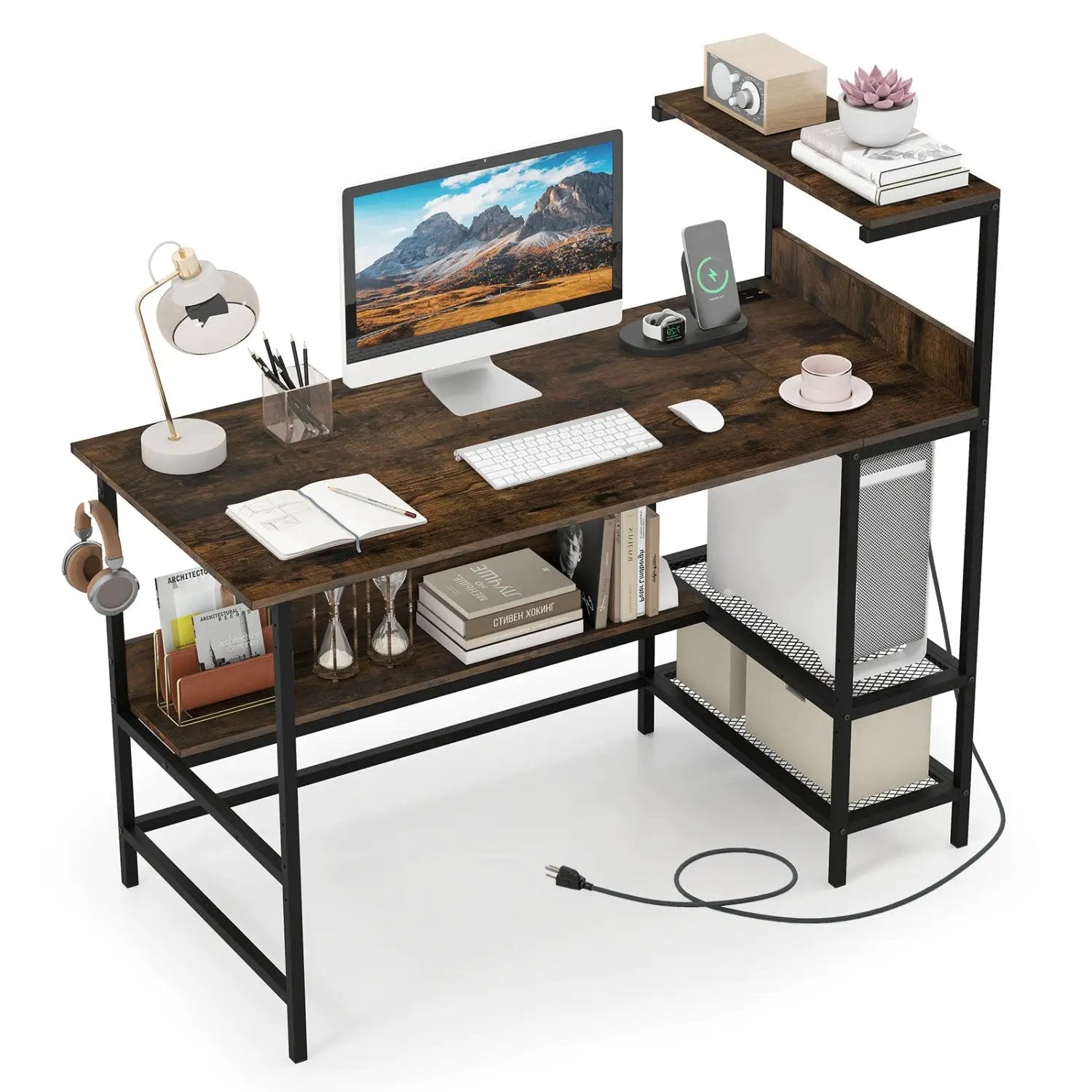 48 Inch Computer Desk with Power Outlets and Storage Shelves by DirectDeals