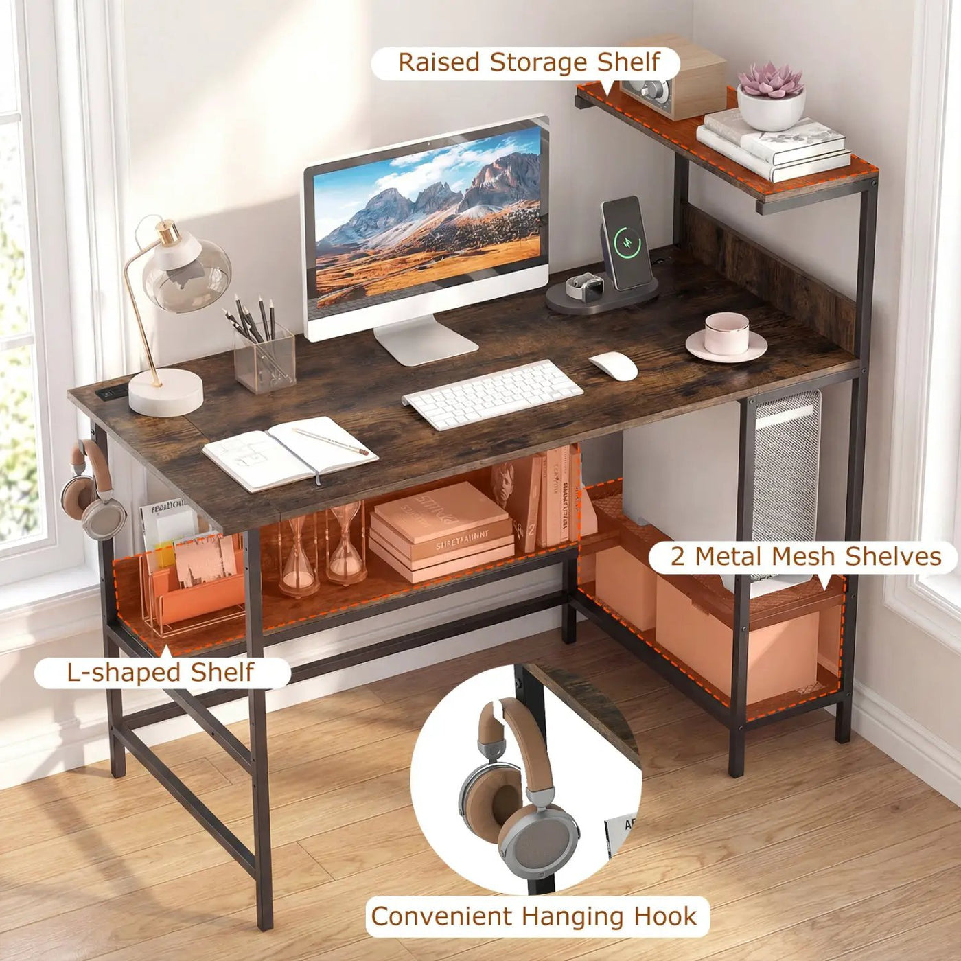 48 Inch Computer Desk with Power Outlets and Storage Shelves by DirectDeals