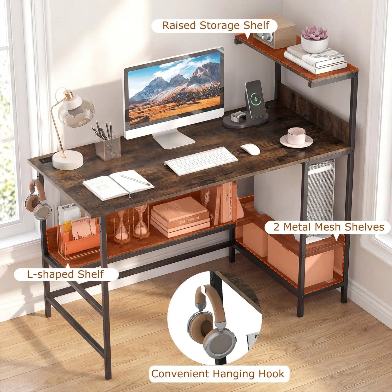 48 Inch Computer Desk with Power Outlets and Storage Shelves by DirectDeals