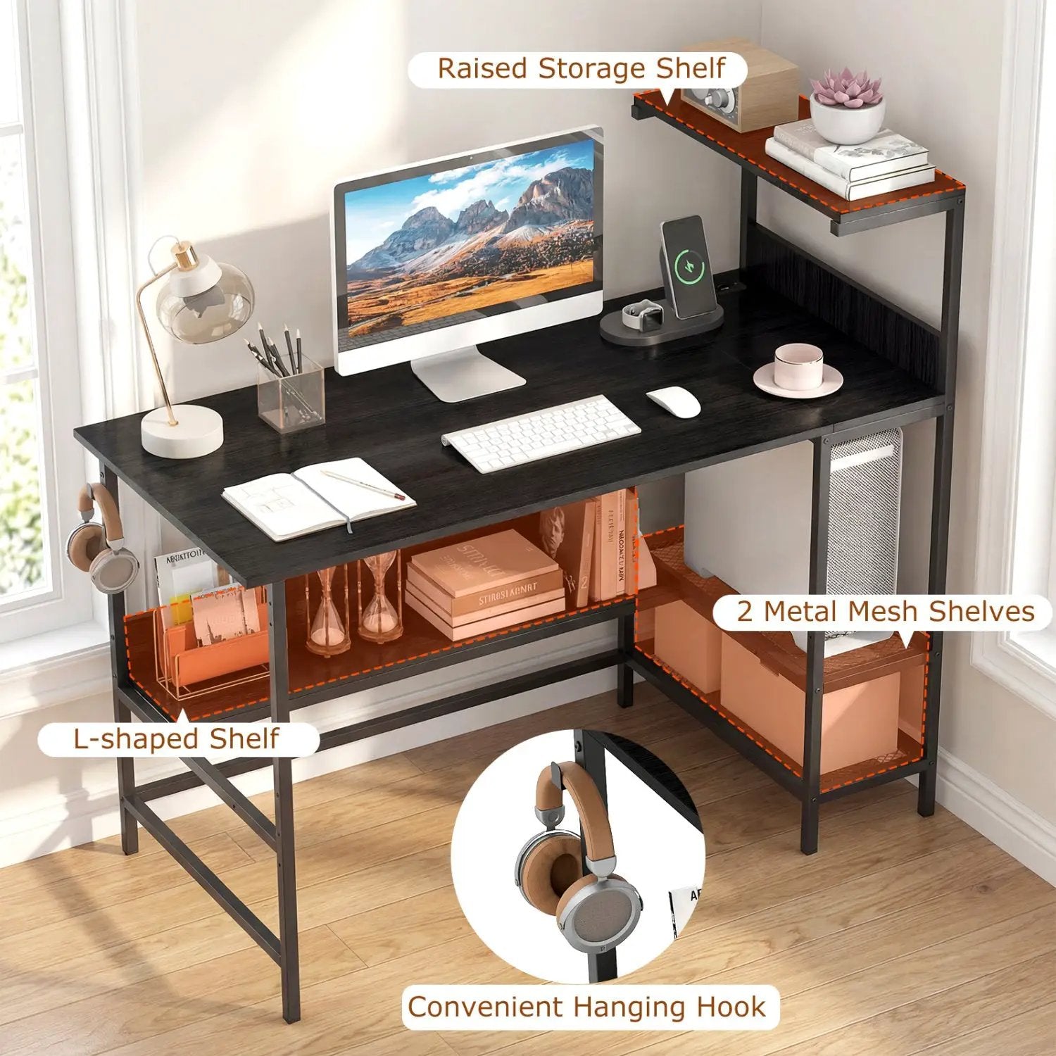 48 Inch Computer Desk with Power Outlets and Storage Shelves by DirectDeals