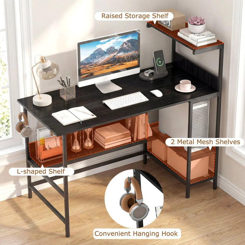 48 Inch Computer Desk with Power Outlets and Storage Shelves by DirectDeals