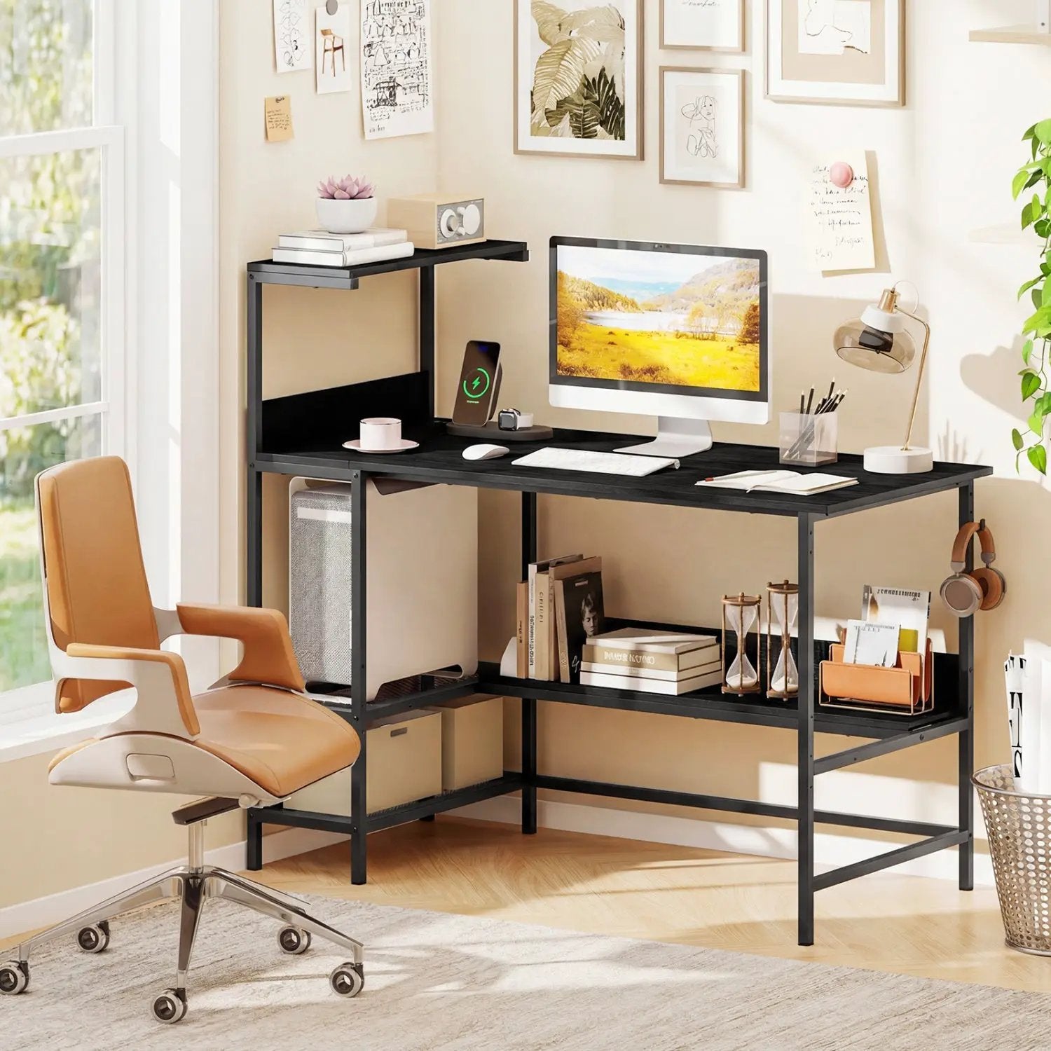 48 Inch Computer Desk with Power Outlets and Storage Shelves by DirectDeals