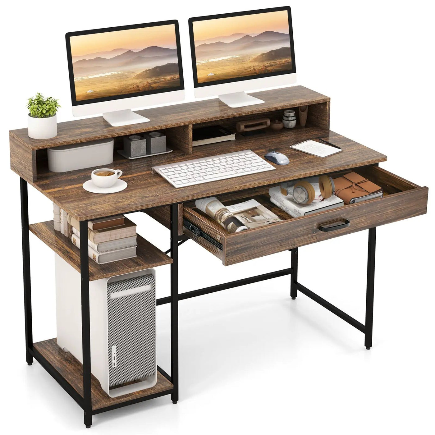 48 Inch Computer Desk with Monitor Stand Drawer and Shelves by DirectDeals