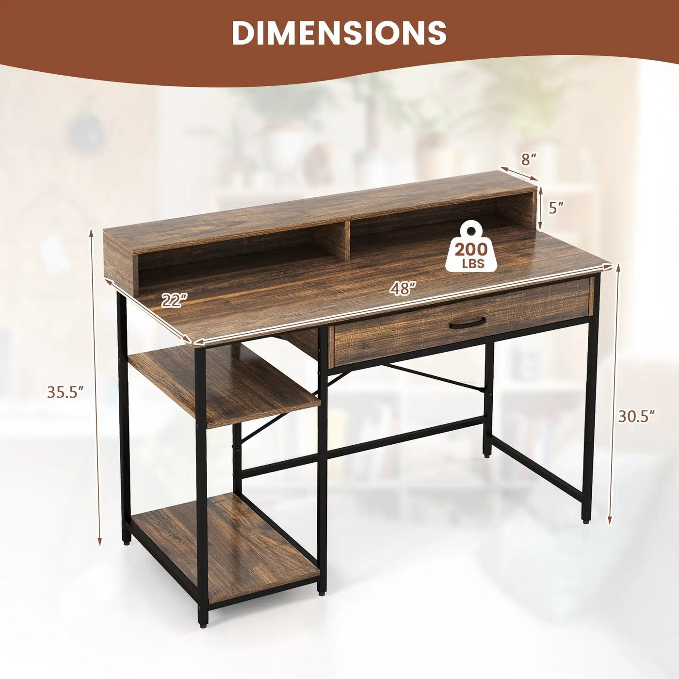 48 Inch Computer Desk with Monitor Stand Drawer and Shelves by DirectDeals