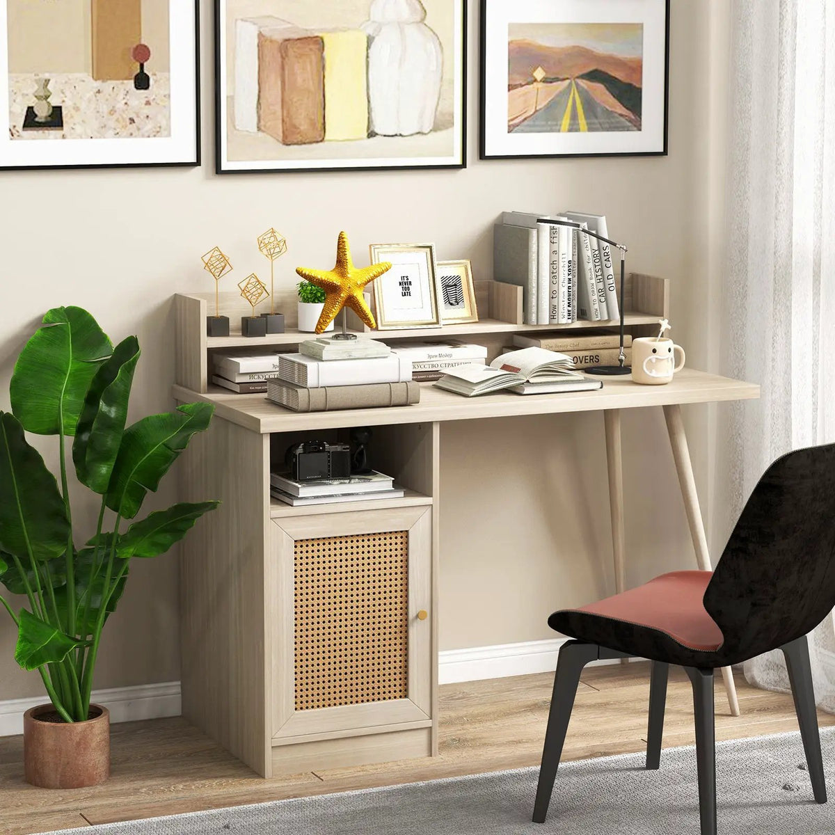48 Inch Computer Desk with Hutch and PE Rattan Cabinet Shelves by DirectDeals