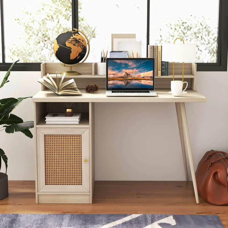 48 Inch Computer Desk with Hutch and PE Rattan Cabinet Shelves by DirectDeals