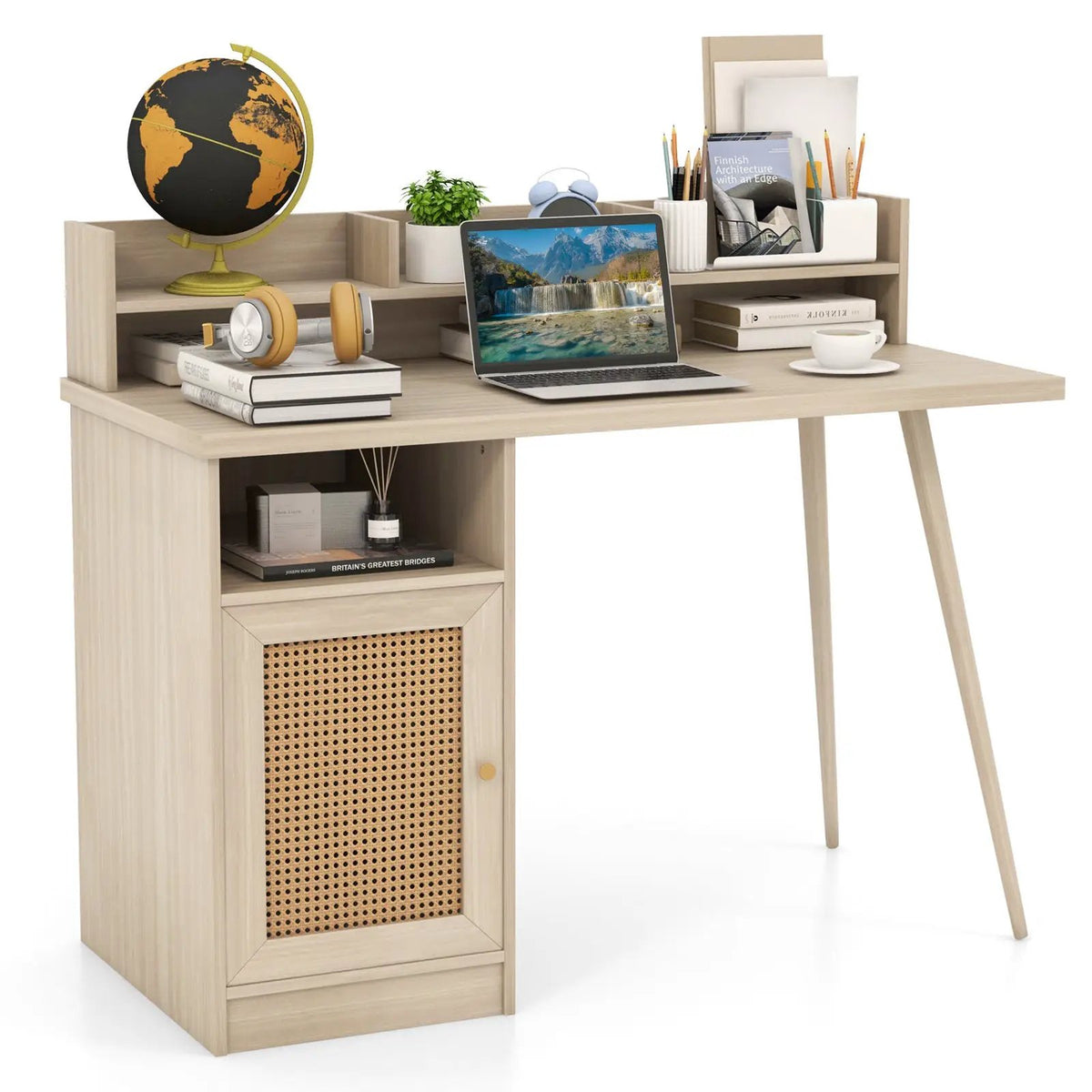 48 Inch Computer Desk with Hutch and PE Rattan Cabinet Shelves by DirectDeals