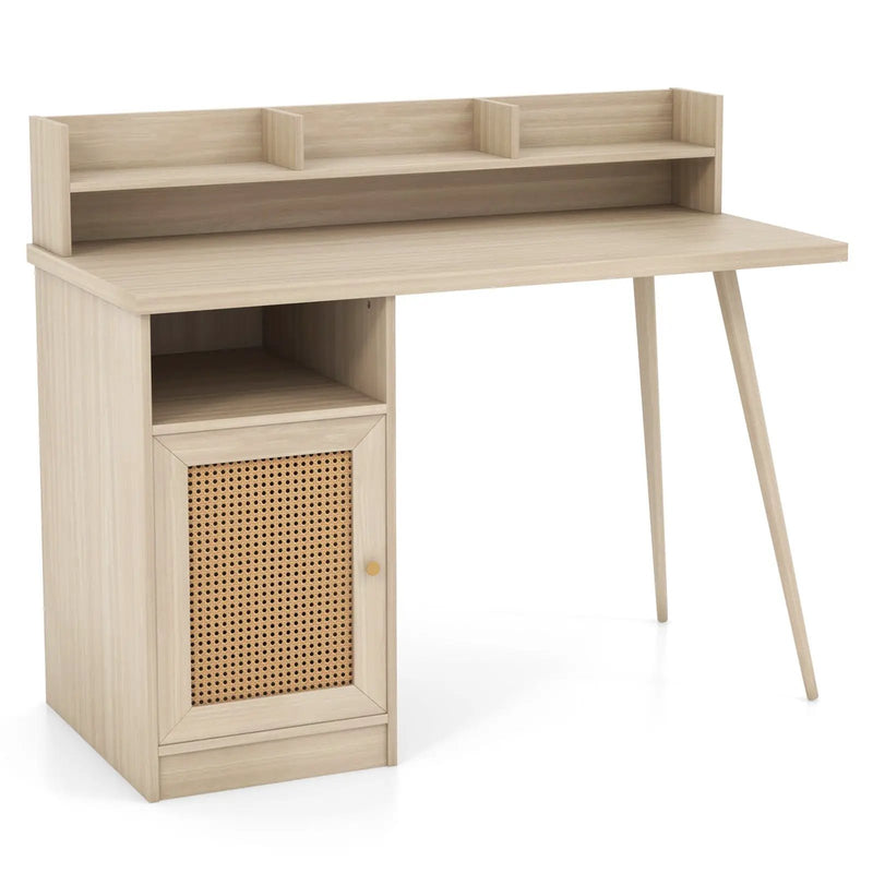 48 Inch Computer Desk with Hutch and PE Rattan Cabinet Shelves by DirectDeals
