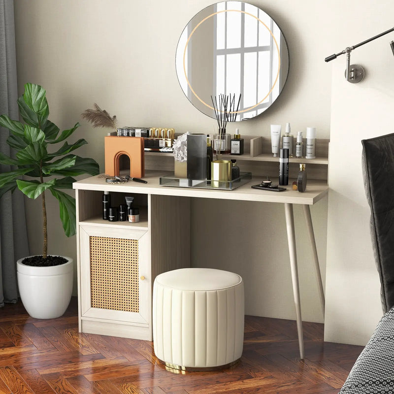 48 Inch Computer Desk with Hutch and PE Rattan Cabinet Shelves by DirectDeals