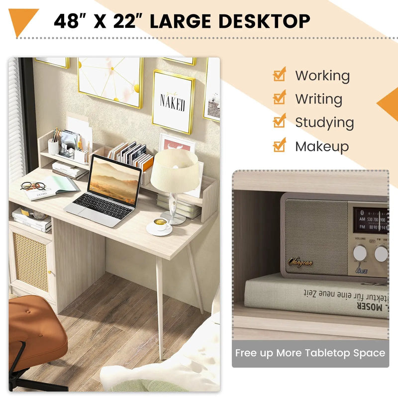 48 Inch Computer Desk with Hutch and PE Rattan Cabinet Shelves by DirectDeals