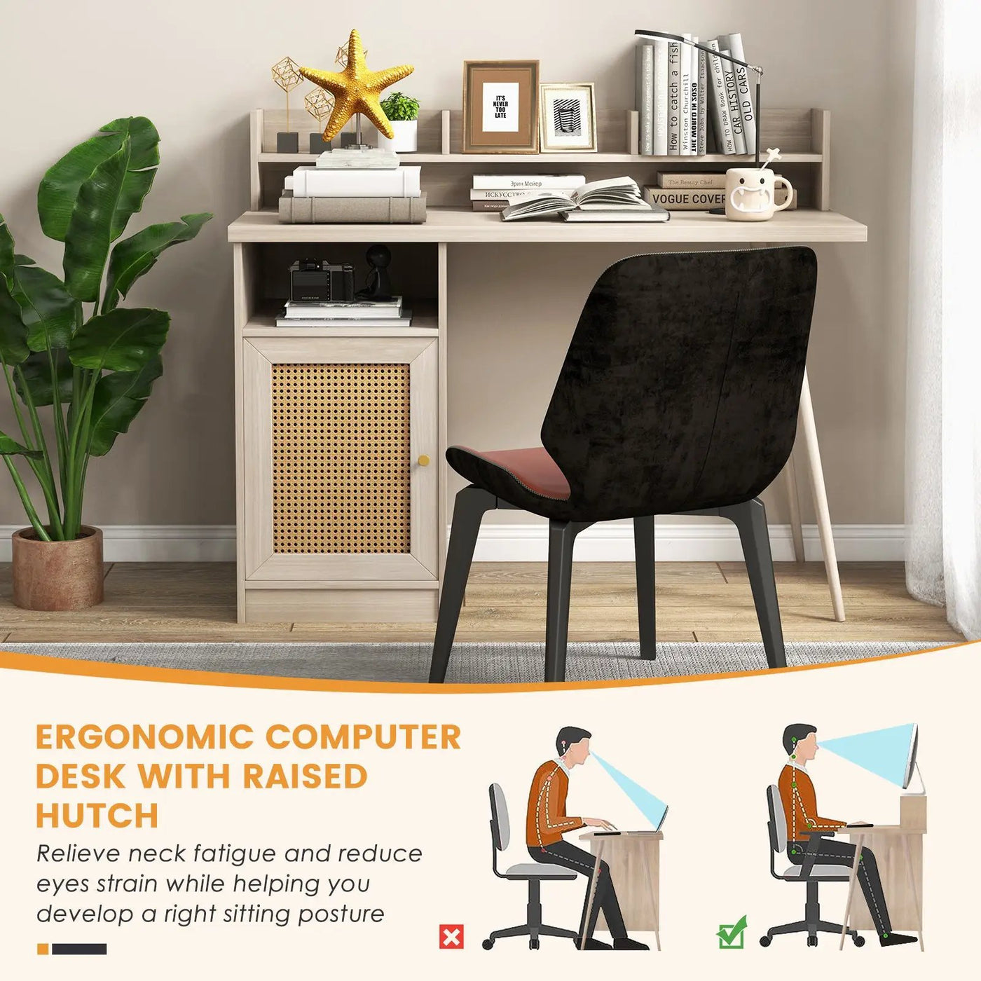 48 Inch Computer Desk with Hutch and PE Rattan Cabinet Shelves by DirectDeals