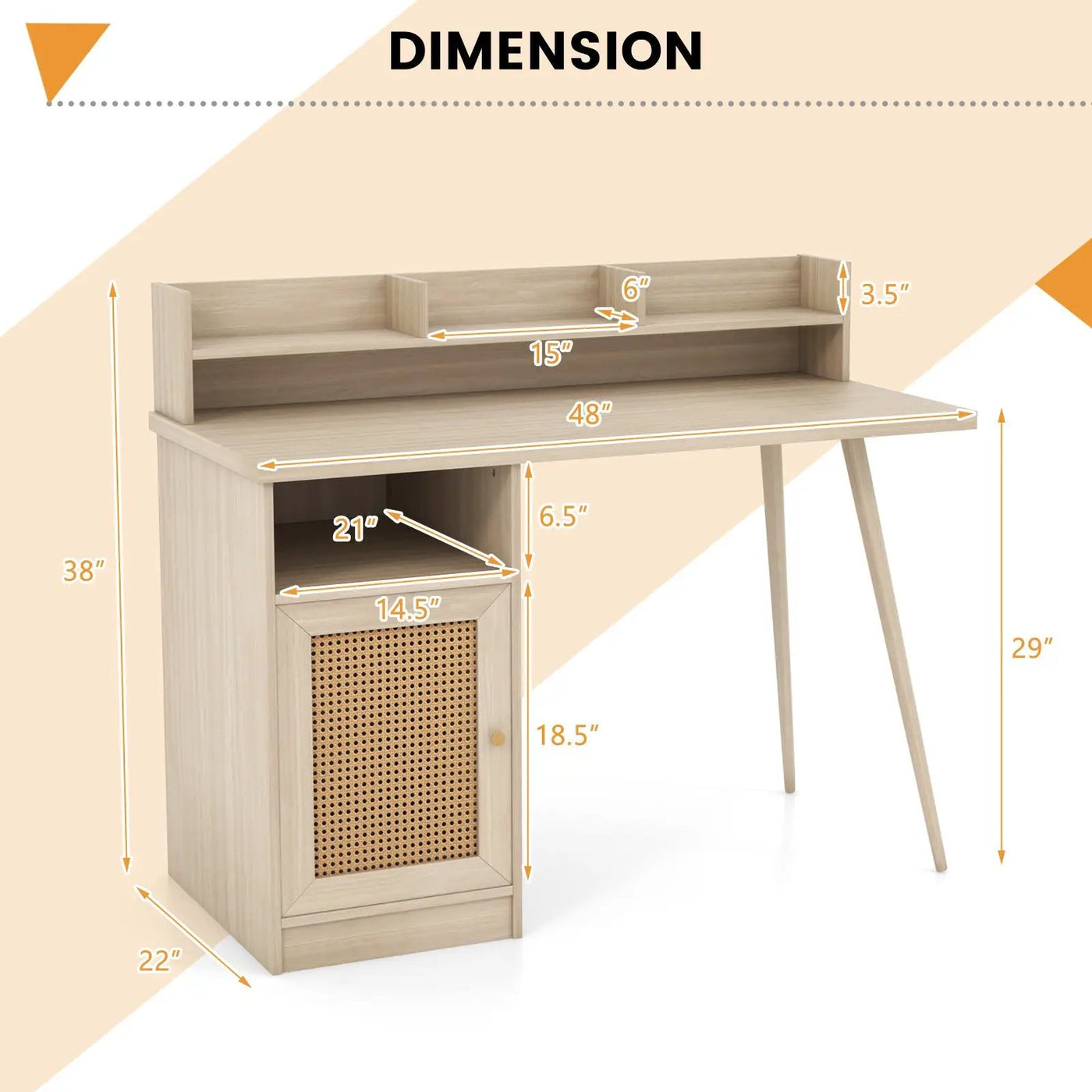 48 Inch Computer Desk with Hutch and PE Rattan Cabinet Shelves by DirectDeals
