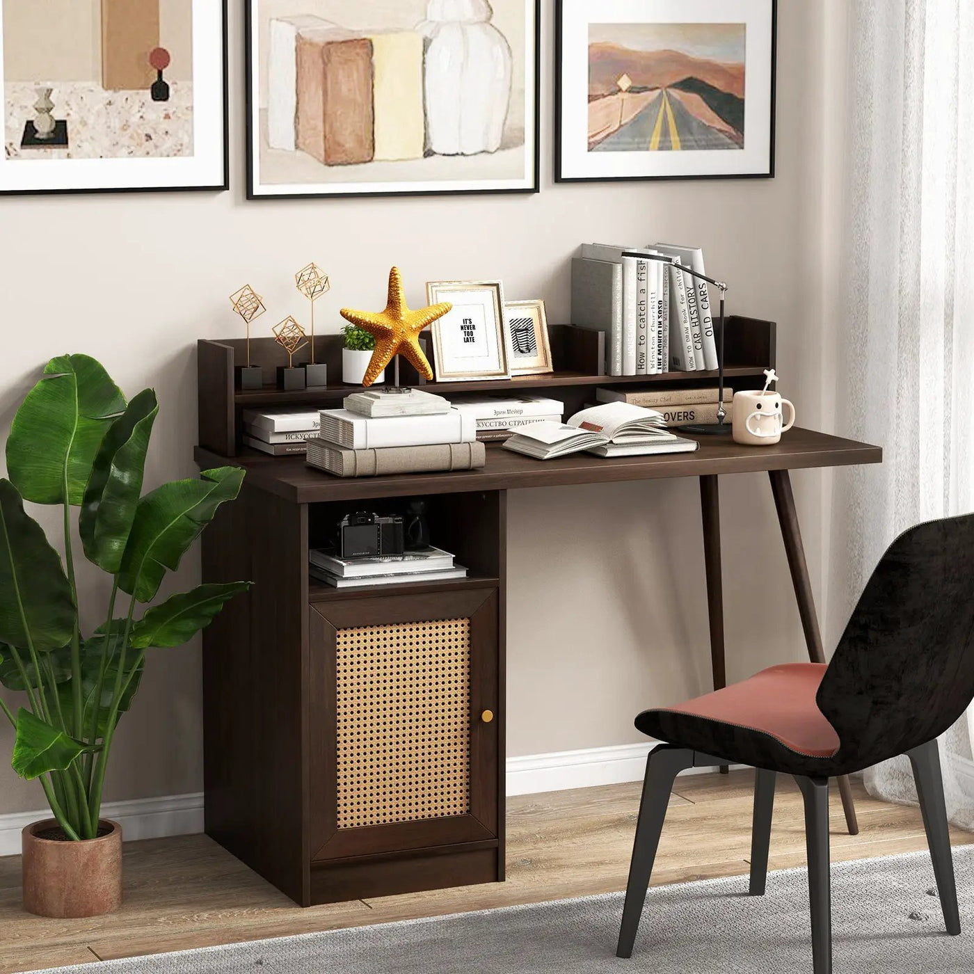 48 Inch Computer Desk with Hutch and PE Rattan Cabinet Shelves by DirectDeals