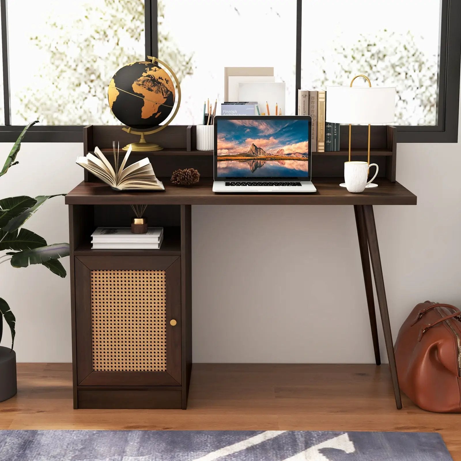 48 Inch Computer Desk with Hutch and PE Rattan Cabinet Shelves by DirectDeals