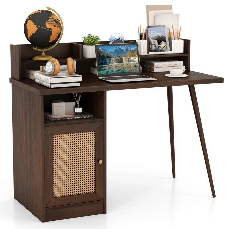48 Inch Computer Desk with Hutch and PE Rattan Cabinet Shelves by DirectDeals