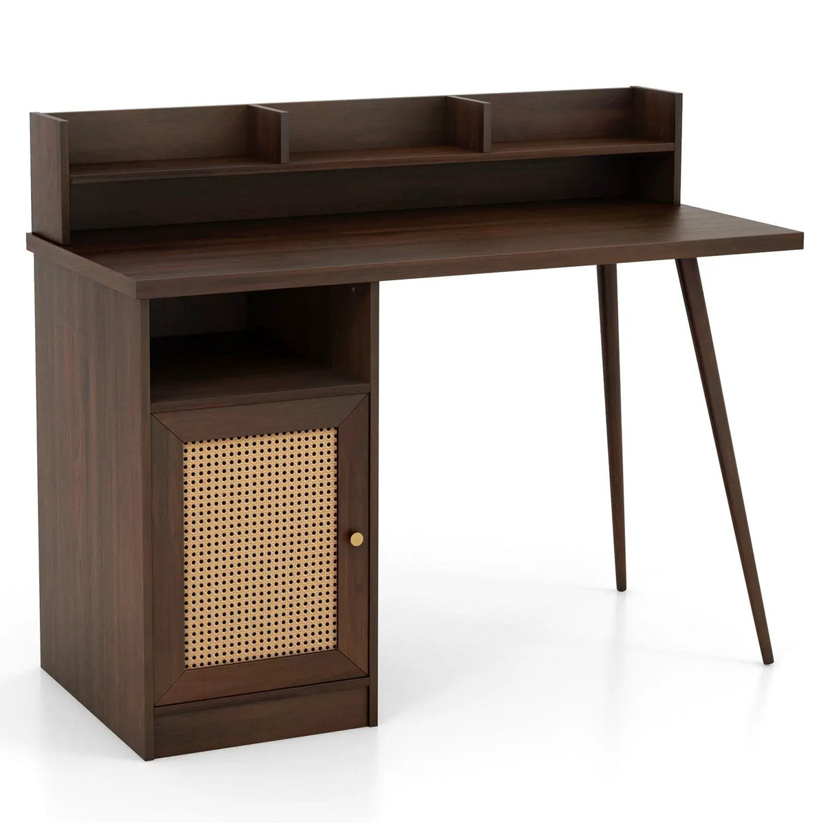 48 Inch Computer Desk with Hutch and PE Rattan Cabinet Shelves by DirectDeals