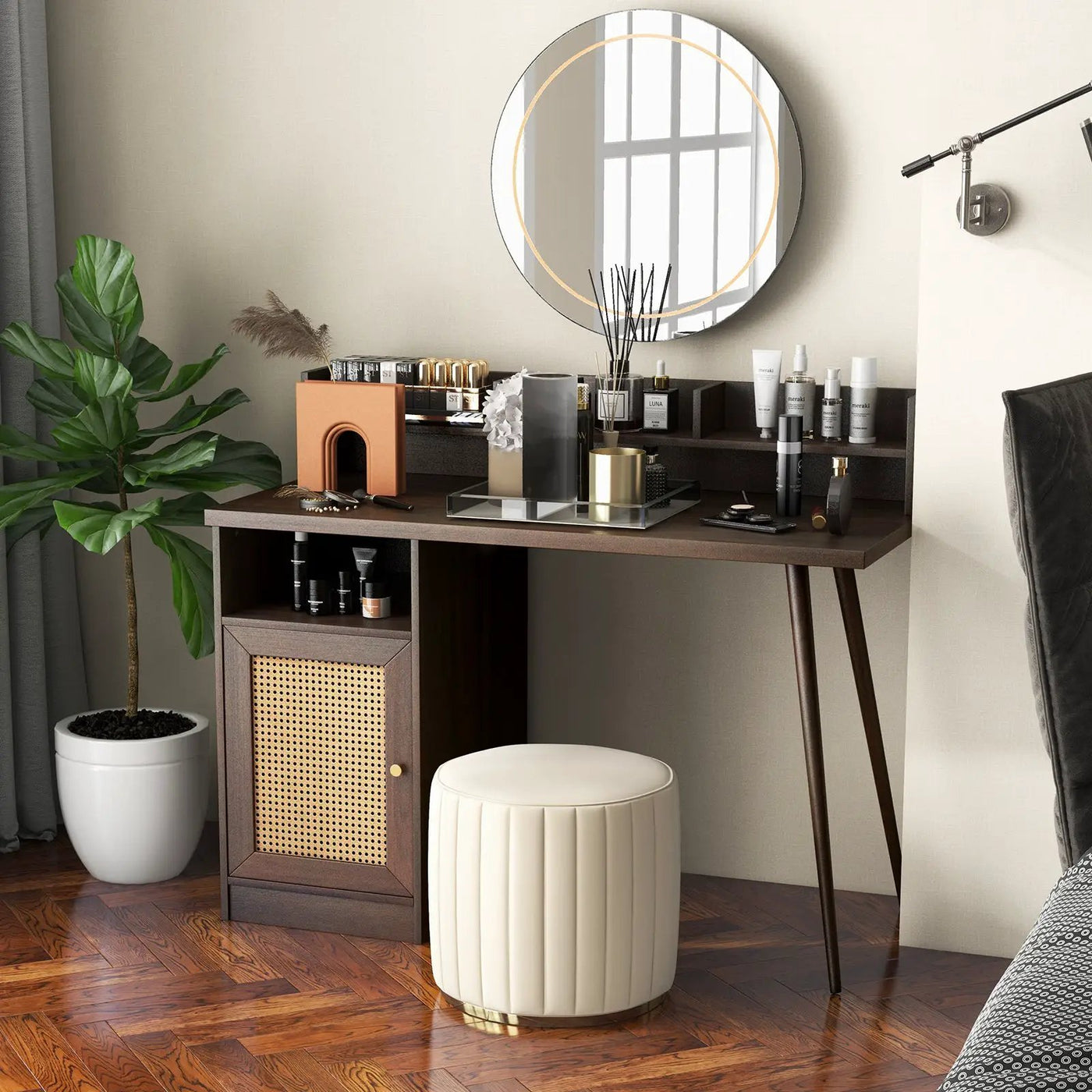 48 Inch Computer Desk with Hutch and PE Rattan Cabinet Shelves by DirectDeals