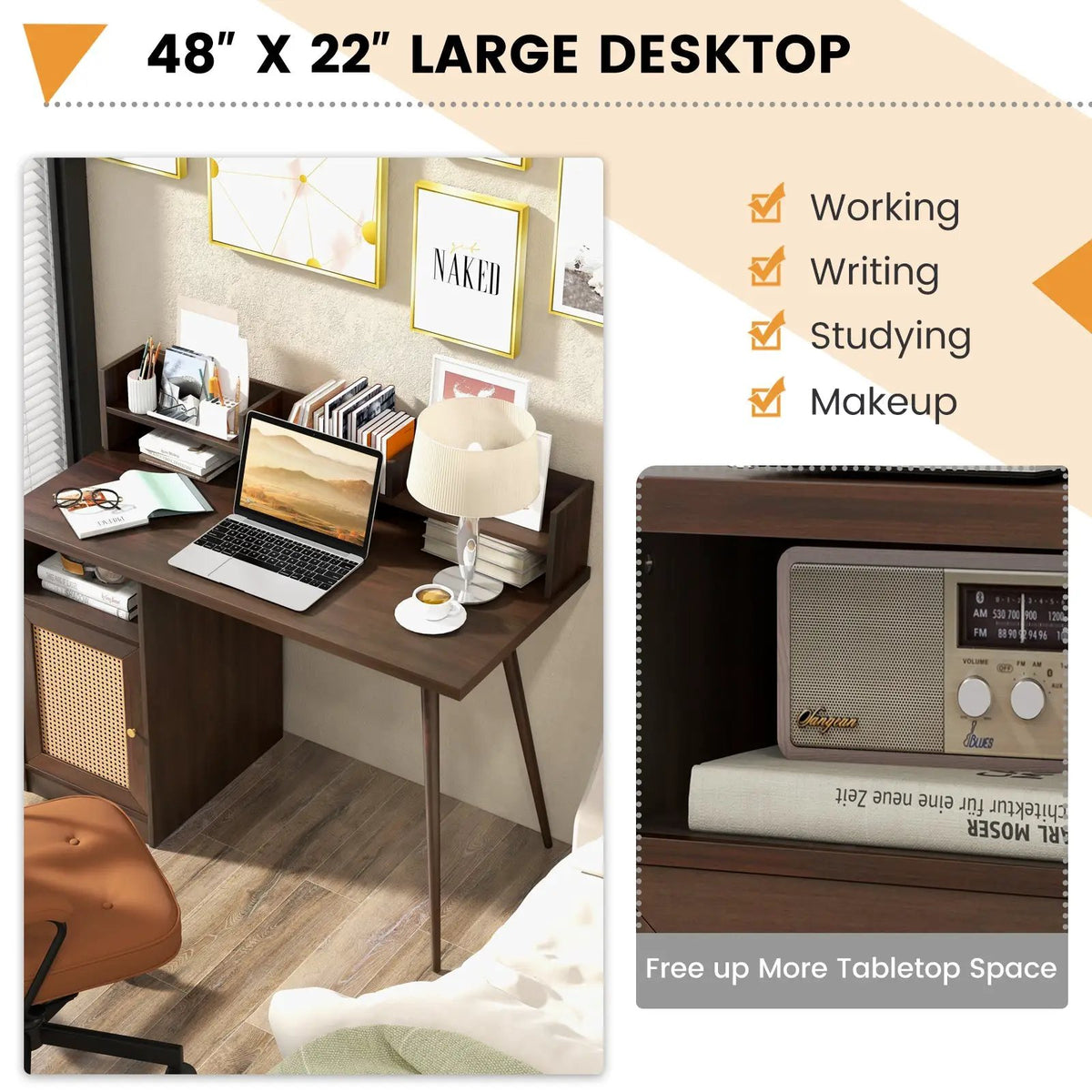 48 Inch Computer Desk with Hutch and PE Rattan Cabinet Shelves by DirectDeals