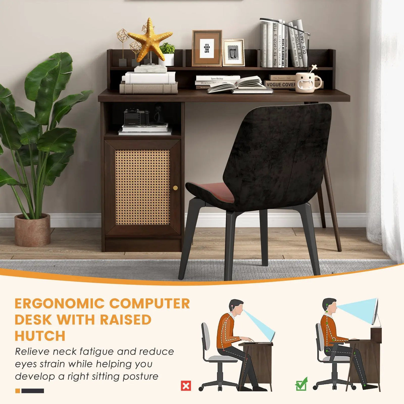 48 Inch Computer Desk with Hutch and PE Rattan Cabinet Shelves by DirectDeals