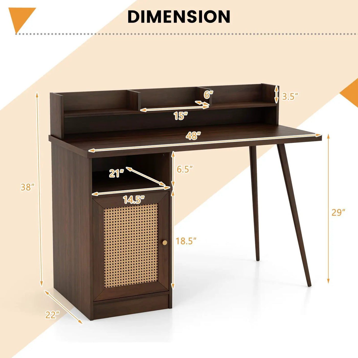 48 Inch Computer Desk with Hutch and PE Rattan Cabinet Shelves by DirectDeals