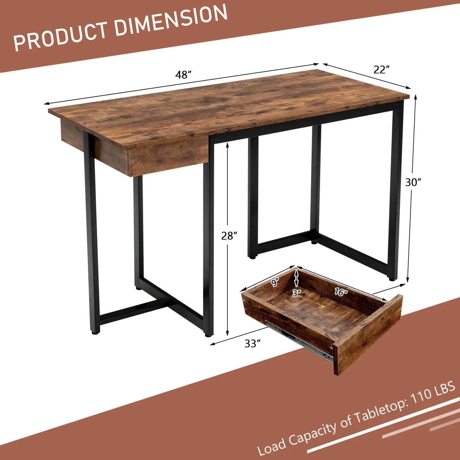 48 Inch Computer Desk with Metal Frame and Adjustable Pads by DirectDeals