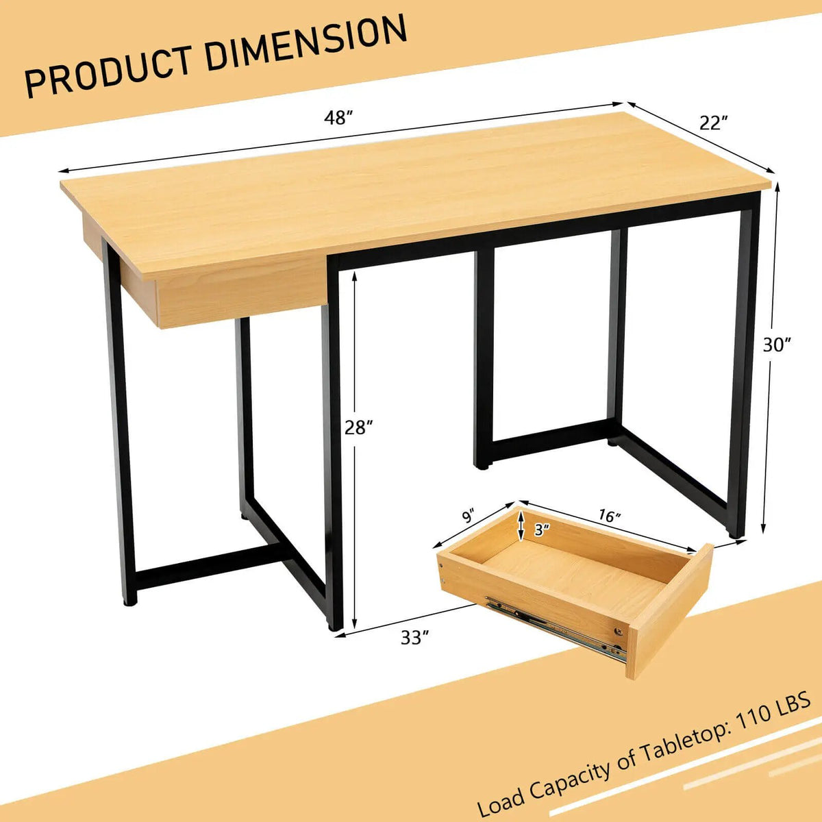 48 Inch Computer Desk with Metal Frame and Adjustable Pads by DirectDeals